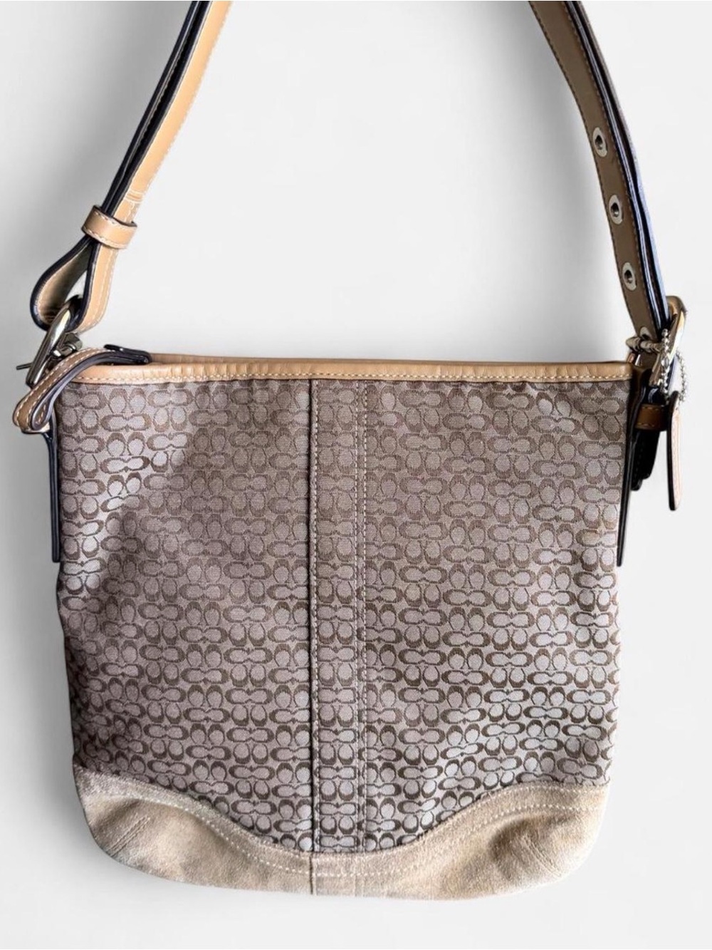 Coach Mini Signature C jacquard and suede shoulder bag camel/tan